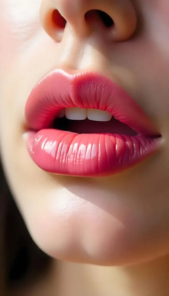 A Pair Of Pink Lips With A Shiny Gloss The Skin Around The Lips Is Light And Smooth The Background Is Blurred And Out Of Focus 45 4ede