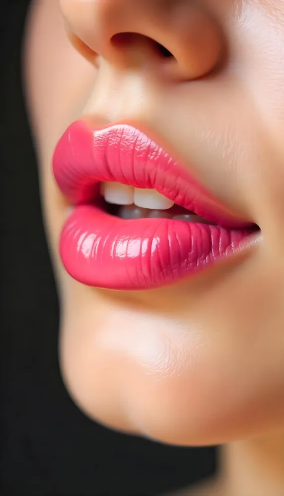 A Pair Of Pink Lips With A Shiny Gloss The Skin Around The Lips Is Light And Smooth The Background Is Blurred And Out Of Focus 48 55e3