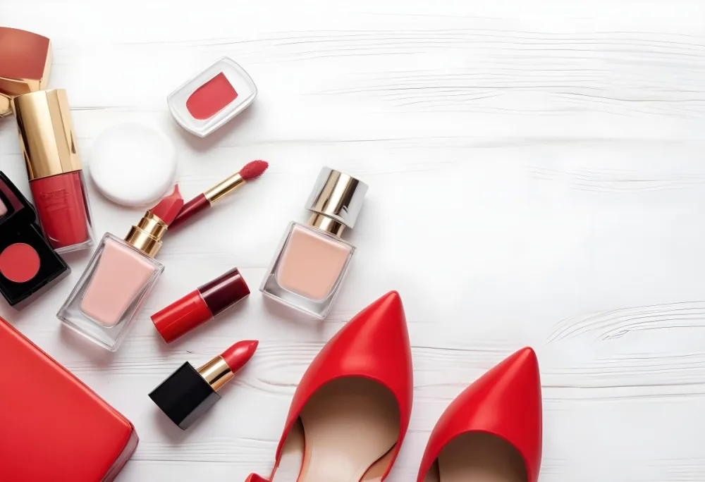 A Pair Of Red High Heels Makeup Products Including Lipstick And Powder Compact And A Perfume Bottle On A White Wooden Background 8 F43d