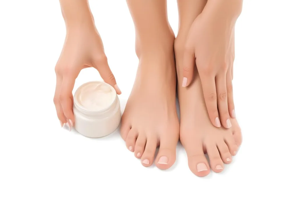 A Pair Of Woman S Feet With Fair Skin And A Hand Holding A White Jar With Cream On A White Background 5 8517