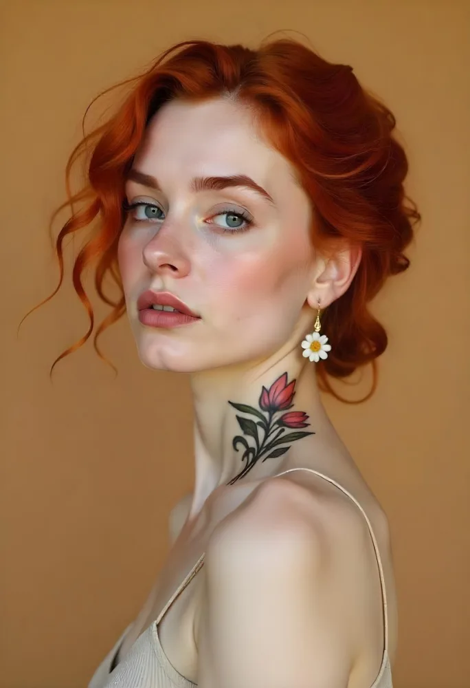 A Pale Skin Caucasian Woman 22 Years Old Red Curly Hair Flower Tattoo On Her Neck Flower Earrings Light Makeup In A Studio With A Beige Background 1 77d2