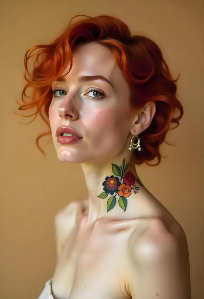 A Pale Skin Caucasian Woman 22 Years Old Red Curly Hair Flower Tattoo On Her Neck Flower Earrings Light Makeup In A Studio With A Beige Background 2 1906