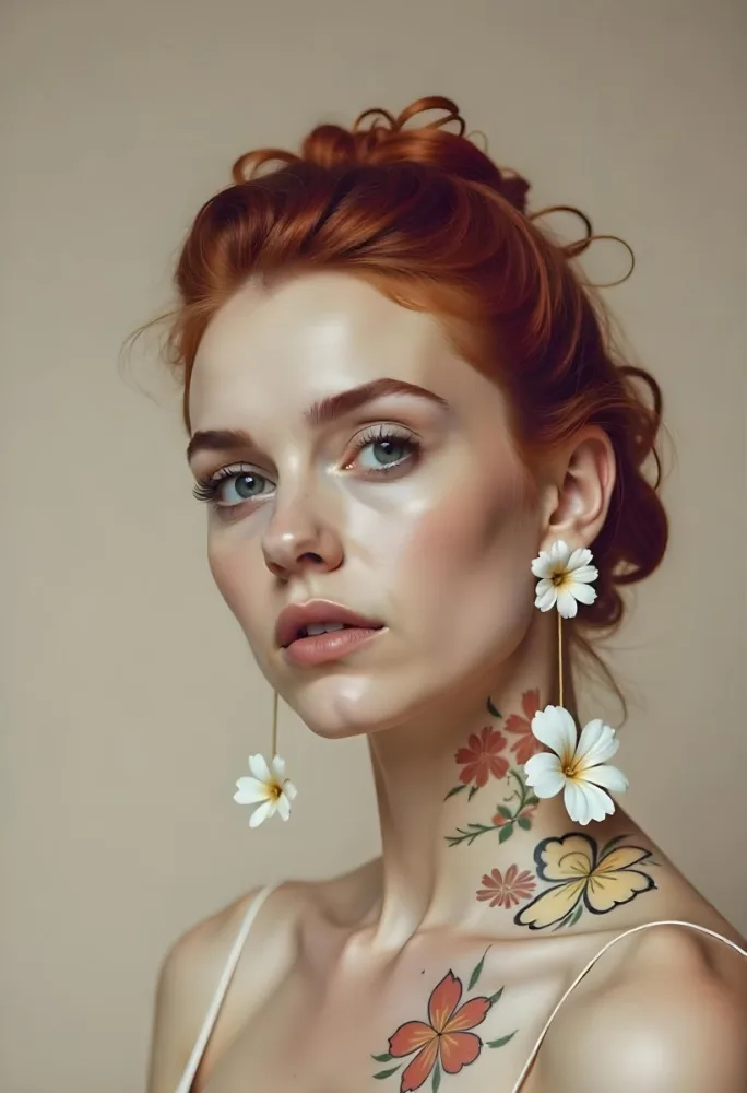 A Pale Skin Caucasian Woman 22 Years Old Red Curly Hair Flower Tattoo On Her Neck Flower Earrings Light Makeup In A Studio With A Beige Background 22 0b46