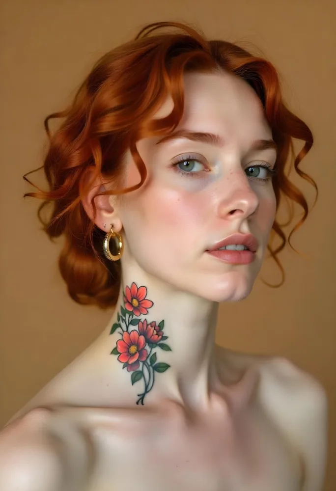 A Pale Skin Caucasian Woman 22 Years Old Red Curly Hair Flower Tattoo On Her Neck Flower Earrings Light Makeup In A Studio With A Beige Background 3 3cee