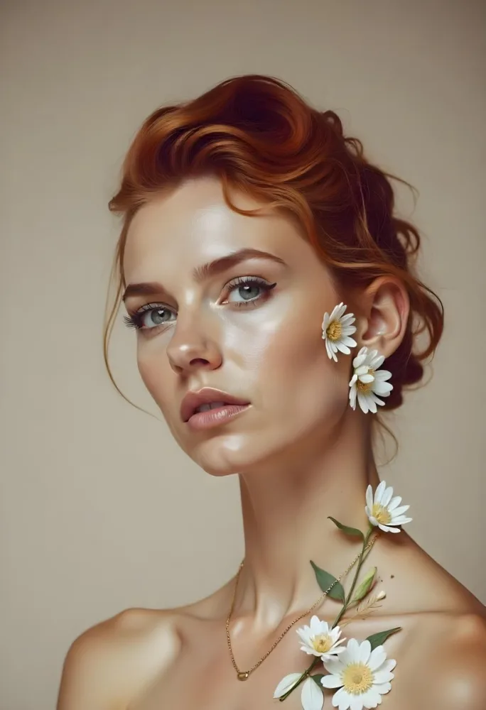 A Pale Skin Caucasian Woman 22 Years Old Red Curly Hair Flower Tattoo On Her Neck Flower Earrings Light Makeup In A Studio With A Beige Background 4 E6c3