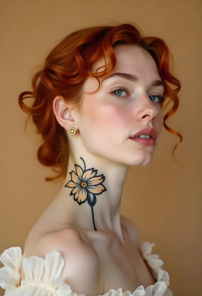 A Pale Skin Caucasian Woman 22 Years Old Red Curly Hair Flower Tattoo On Her Neck Flower Earrings Light Makeup In A Studio With A Beige Background 7 716b