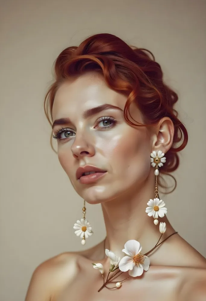 A Pale Skin Caucasian Woman 22 Years Old Red Curly Hair Flower Tattoo On Her Neck Flower Earrings Light Makeup In A Studio With A Beige Background 8 3477