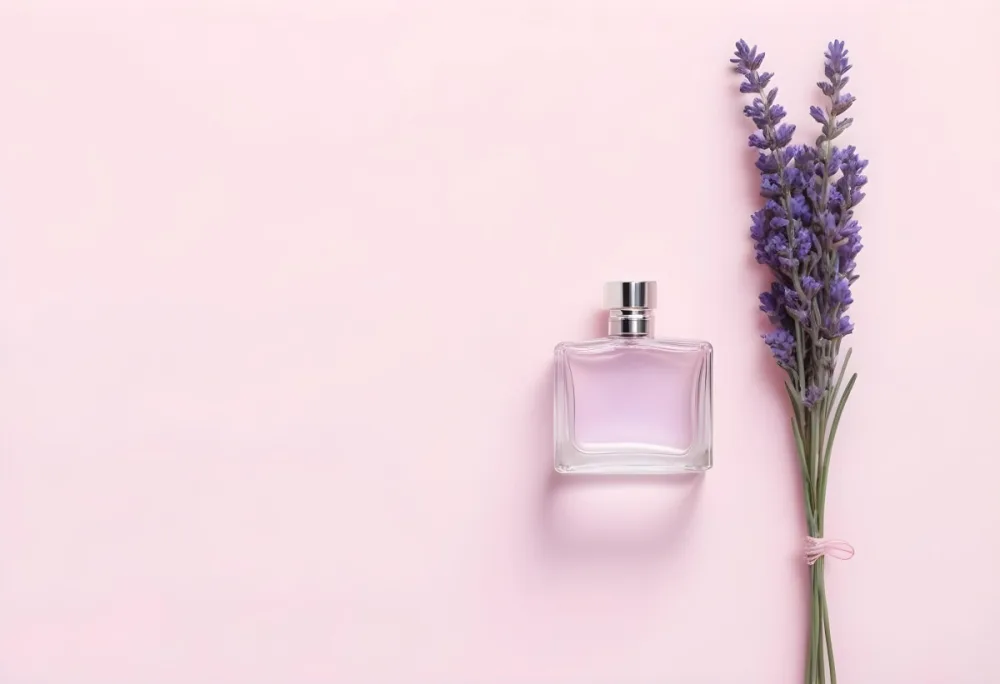 A Perfume Bottle And A Lavender Bouquet On A Pink Background Flat Lay Product Photography Studio Shot Soft Lighting Minimalist Composition Elegant Clean Fresh 15 F82d