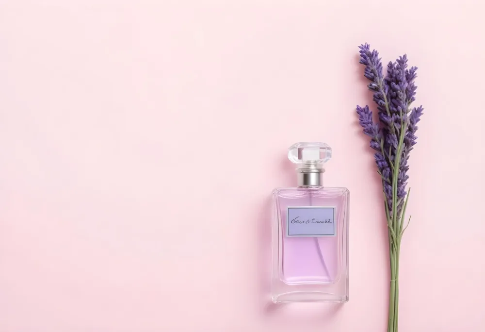 A Perfume Bottle And A Lavender Bouquet On A Pink Background Flat Lay Product Photography Studio Shot Soft Lighting Minimalist Composition Elegant Clean Fresh 27 4563