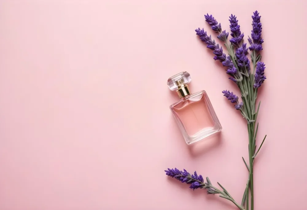 A Perfume Bottle And A Lavender Bouquet On A Pink Background Flat Lay Product Photography Studio Shot Soft Lighting Minimalist Composition Elegant Clean Fresh 4 8e31