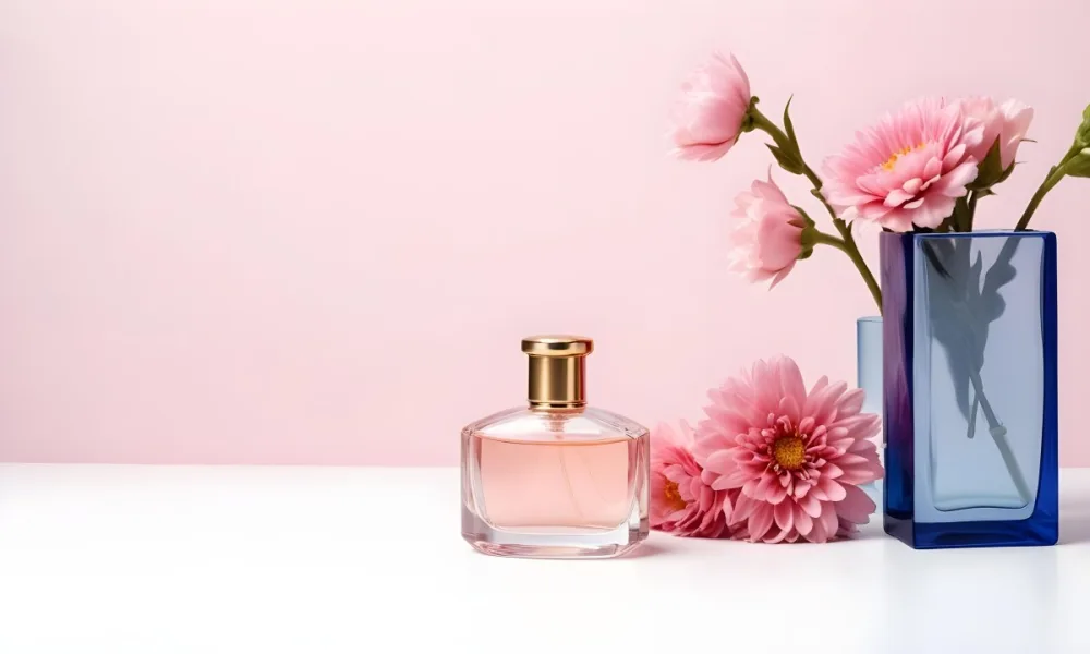 A Perfume Bottle And A Vase With Flowers On A White Surface Pink Background Studio Shot Product Photography Clean And Minimalist Composition 13 65c3