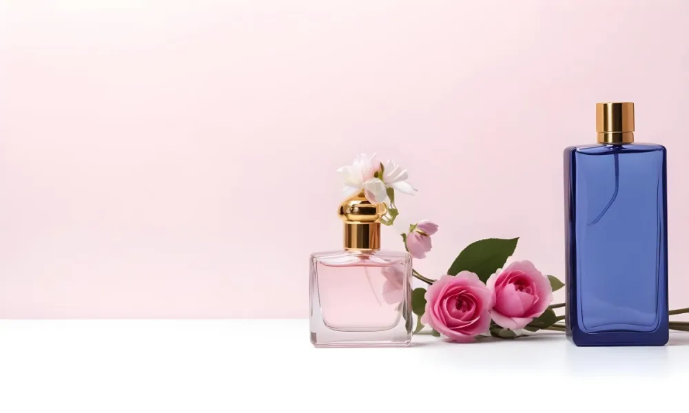A Perfume Bottle And A Vase With Flowers On A White Surface Pink Background Studio Shot Product Photography Clean And Minimalist Composition 15 Dde7