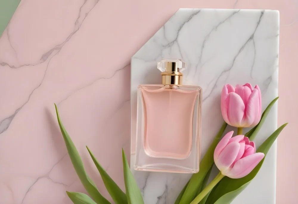A Perfume Bottle On A Marble Tile Surrounded By Pink Tulips With Green Leaves All Against A Green Background 1 29cc