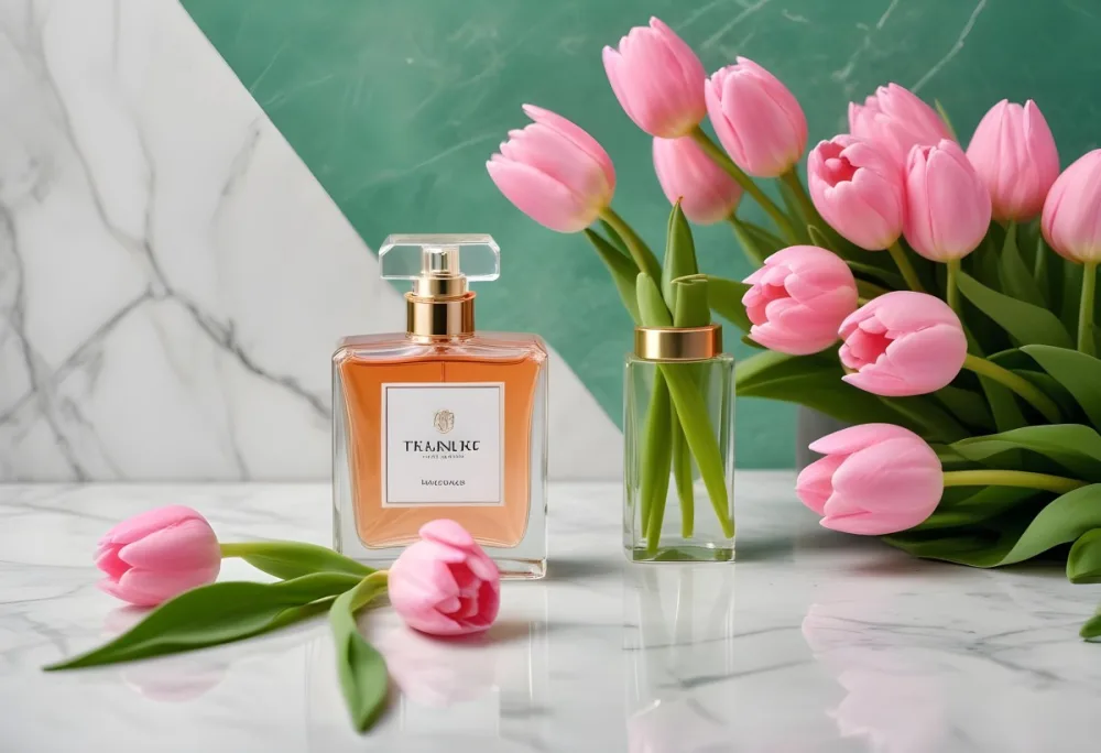 A Perfume Bottle On A Marble Tile Surrounded By Pink Tulips With Green Leaves All Against A Green Background 16 2453