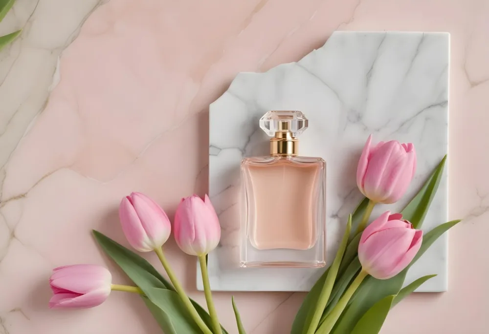 A Perfume Bottle On A Marble Tile Surrounded By Pink Tulips With Green Leaves All Against A Green Background 32 329a