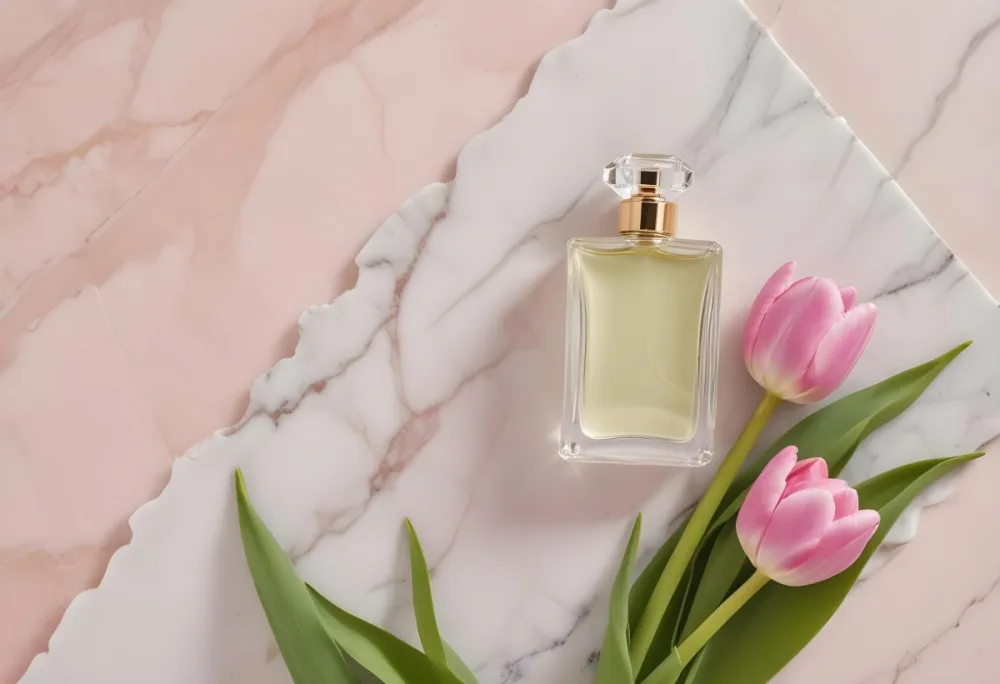 A Perfume Bottle On A Marble Tile Surrounded By Pink Tulips With Green Leaves All Against A Green Background 36 Fa90