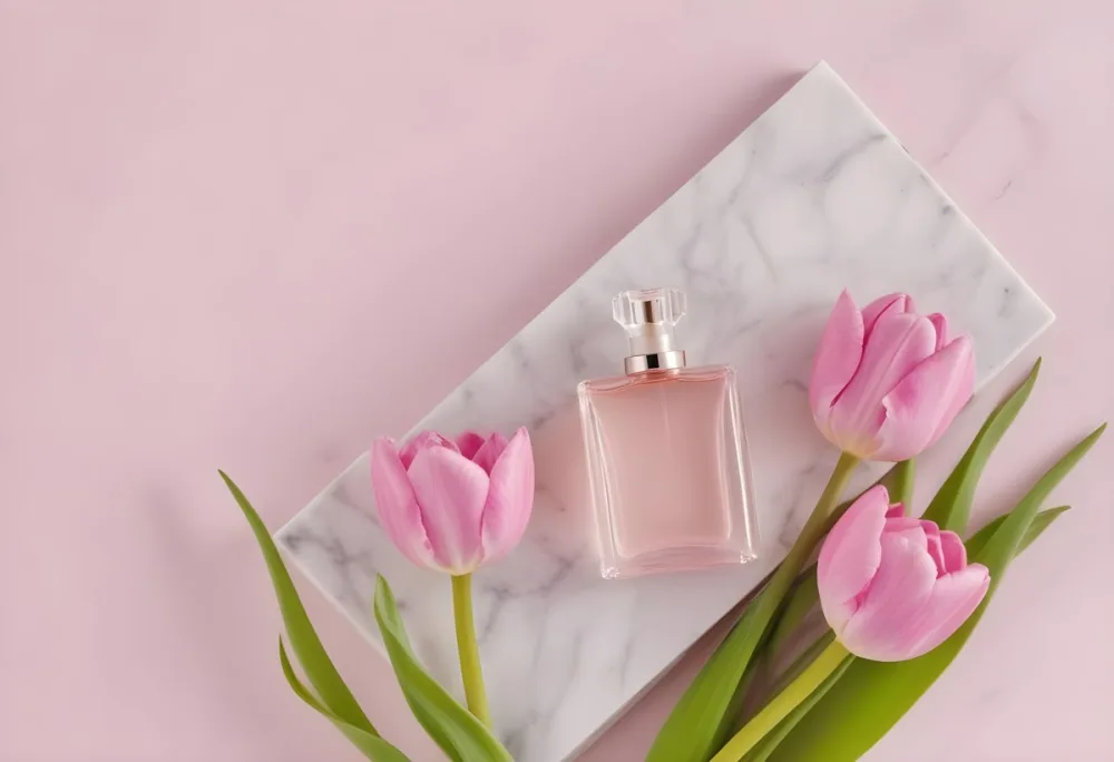 A Perfume Bottle On A Marble Tile Surrounded By Pink Tulips With Green Leaves All Against A Green Background 47 09e5