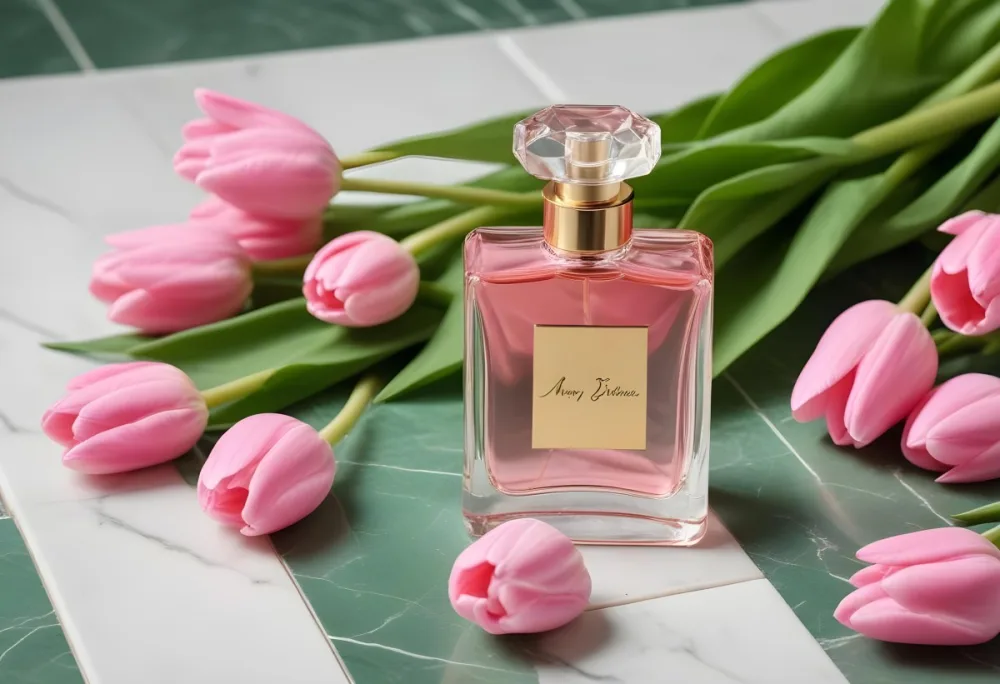 A Perfume Bottle On A Marble Tile Surrounded By Pink Tulips With Green Leaves All Against A Green Background 48 Fc8d