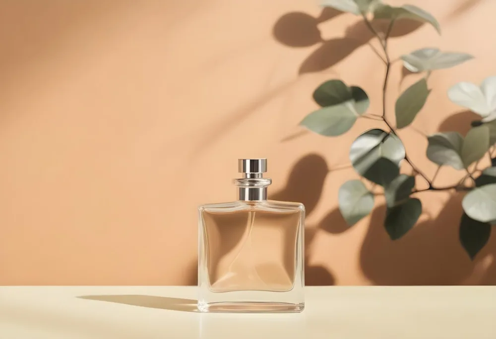 A Perfume Bottle On A Table With A Brown Wall And A Plant In The Background The Light Is Hitting The Bottle And Creating A Shadow 18 C38d