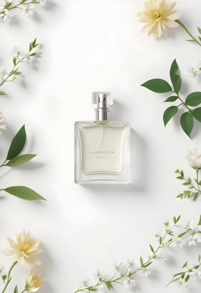 A Perfume Bottle Surrounded By Flowers And Green Leaves White Background Studio Shot Minimalist Composition Soft Lighting Elegant Fresh Floral Fragrance Concept 18 392e