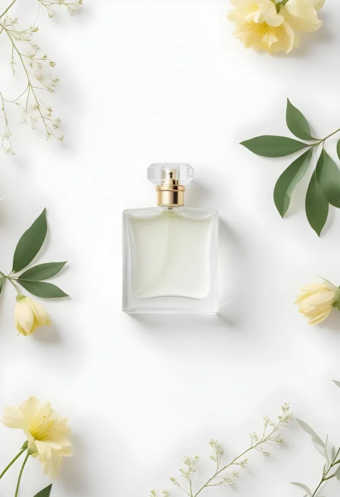 A Perfume Bottle Surrounded By Flowers And Green Leaves White Background Studio Shot Minimalist Composition Soft Lighting Elegant Fresh Floral Fragrance Concept 23 33cd