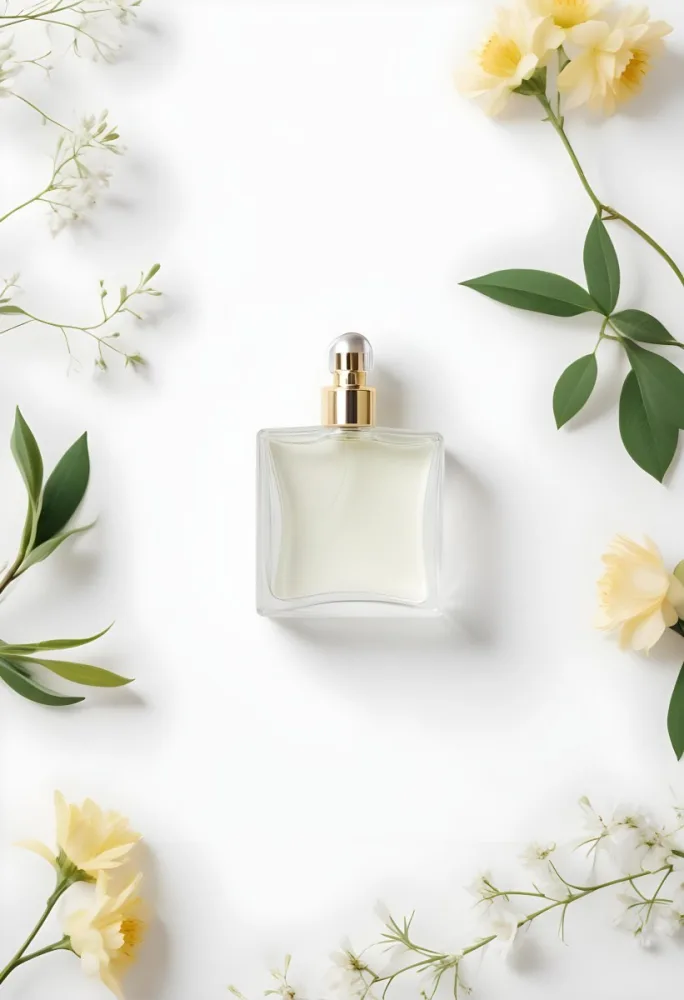 A Perfume Bottle Surrounded By Flowers And Green Leaves White Background Studio Shot Minimalist Composition Soft Lighting Elegant Fresh Floral Fragrance Concept 25 Bf48