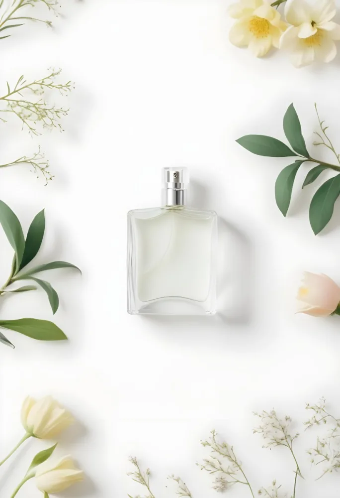A Perfume Bottle Surrounded By Flowers And Green Leaves White Background Studio Shot Minimalist Composition Soft Lighting Elegant Fresh Floral Fragrance Concept 31 86dd