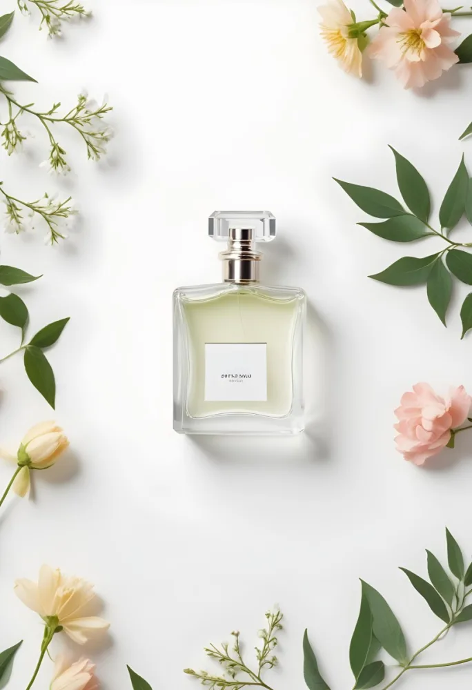 A Perfume Bottle Surrounded By Flowers And Green Leaves White Background Studio Shot Minimalist Composition Soft Lighting Elegant Fresh Floral Fragrance Concept 5 9527