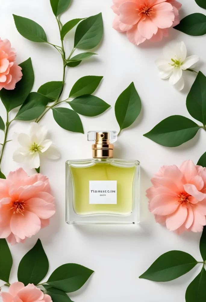 A Perfume Bottle Surrounded By Flowers And Green Leaves White Background Studio Shot Minimalist Composition Soft Lighting Elegant Fresh Floral Fragrance Concept 53 Fe85