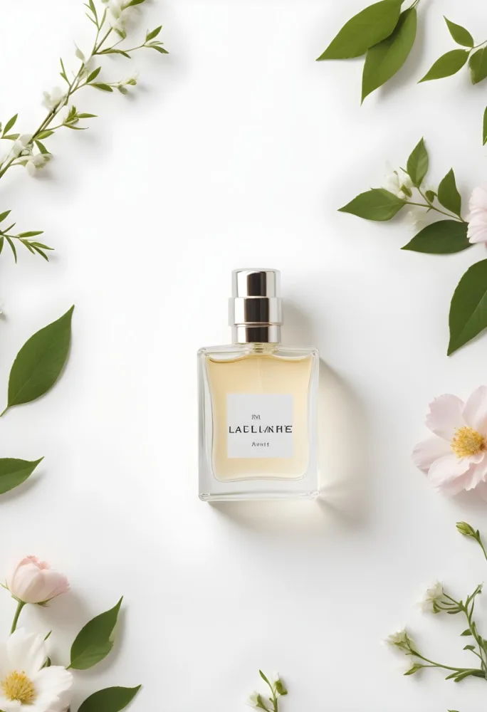 A Perfume Bottle Surrounded By Flowers And Green Leaves White Background Studio Shot Minimalist Composition Soft Lighting Elegant Fresh Floral Fragrance Concept 7 Ac1d