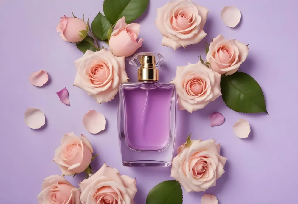 A Perfume Bottle Surrounded By Roses And Petals On A Purple Background Product Photography Studio Shot Soft Lighting Elegant Feminine Floral Arrangement Fragrance Advertisement 13 4ad3