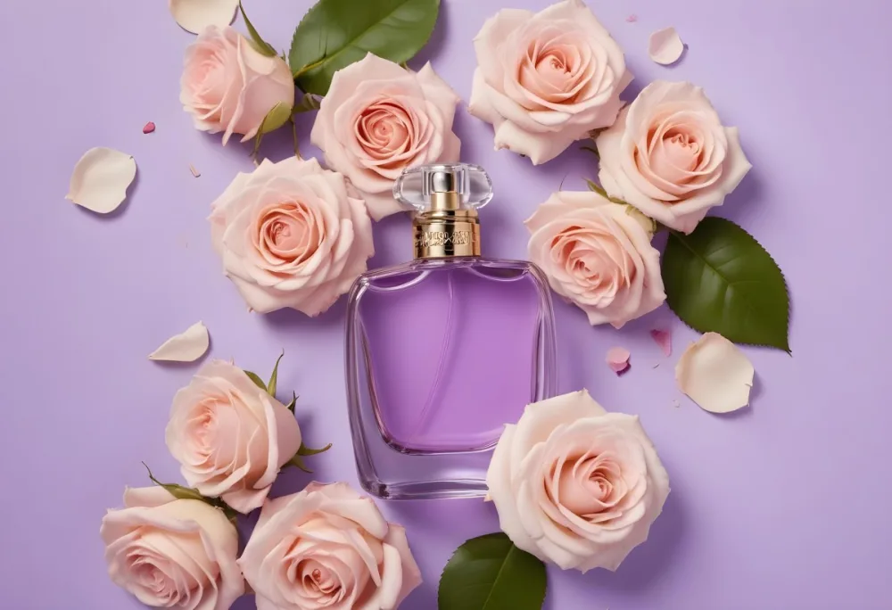 A Perfume Bottle Surrounded By Roses And Petals On A Purple Background Product Photography Studio Shot Soft Lighting Elegant Feminine Floral Arrangement Fragrance Advertisement 18 7670