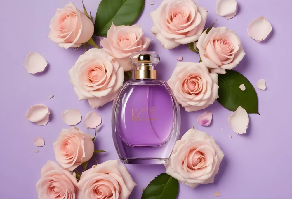 A Perfume Bottle Surrounded By Roses And Petals On A Purple Background Product Photography Studio Shot Soft Lighting Elegant Feminine Floral Arrangement Fragrance Advertisement 22 3184