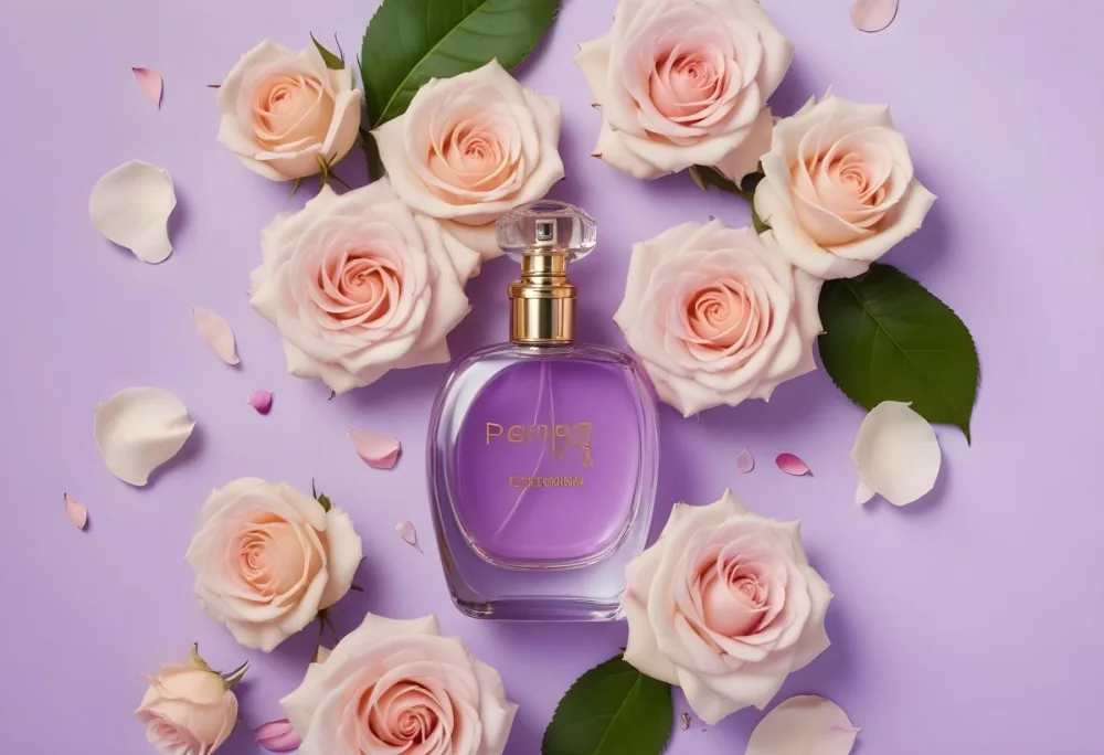 A Perfume Bottle Surrounded By Roses And Petals On A Purple Background Product Photography Studio Shot Soft Lighting Elegant Feminine Floral Arrangement Fragrance Advertisement 28 28a8