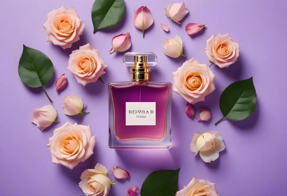 A Perfume Bottle Surrounded By Roses And Petals On A Purple Background Product Photography Studio Shot Soft Lighting Elegant Feminine Floral Arrangement Fragrance Advertisement 54 D402