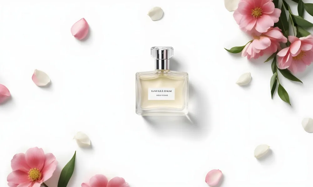 A Perfume Bottle Surrounded By White Flower Petals On A White Background Top Down View Soft Lighting Minimalist Composition Elegant Fresh Clean Beauty Product Floral Arrangement 19 4412