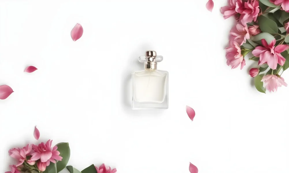 A Perfume Bottle Surrounded By White Flower Petals On A White Background Top Down View Soft Lighting Minimalist Composition Elegant Fresh Clean Beauty Product Floral Arrangement 21 Bc85