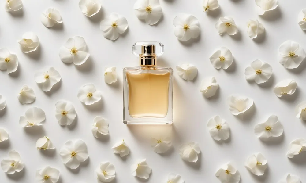 A Perfume Bottle Surrounded By White Flower Petals On A White Background Top Down View Soft Lighting Minimalist Composition Elegant Fresh Clean Beauty Product Floral Arrangement 22 B8c0