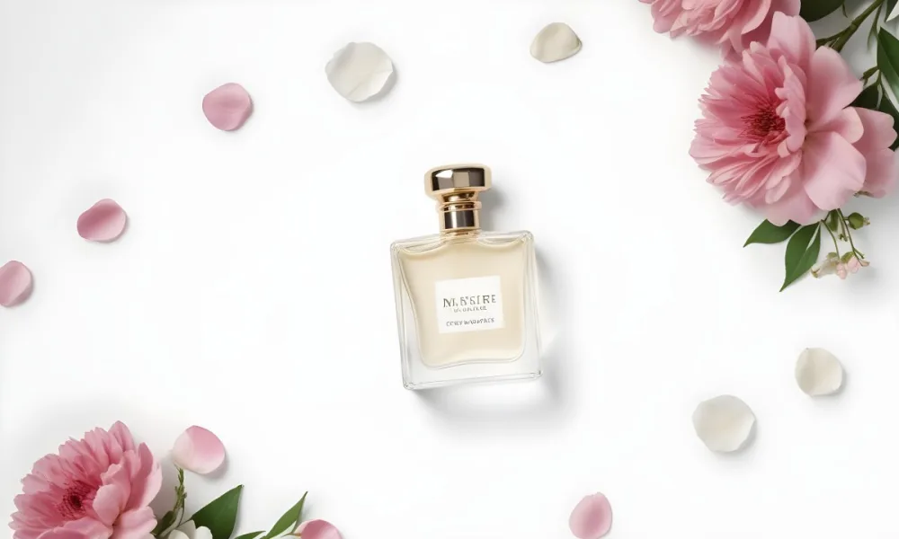 A Perfume Bottle Surrounded By White Flower Petals On A White Background Top Down View Soft Lighting Minimalist Composition Elegant Fresh Clean Beauty Product Floral Arrangement 29 F923