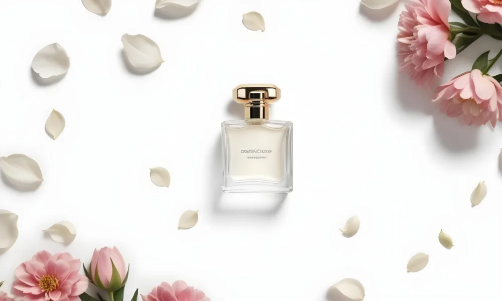 A Perfume Bottle Surrounded By White Flower Petals On A White Background Top Down View Soft Lighting Minimalist Composition Elegant Fresh Clean Beauty Product Floral Arrangement 35 Ed53