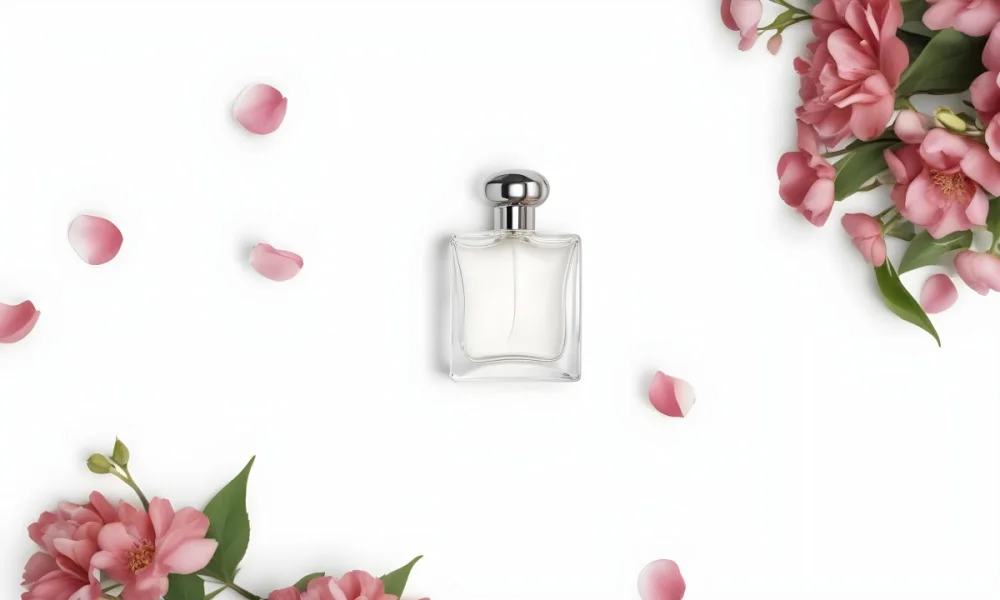 A Perfume Bottle Surrounded By White Flower Petals On A White Background Top Down View Soft Lighting Minimalist Composition Elegant Fresh Clean Beauty Product Floral Arrangement 38 3f5f