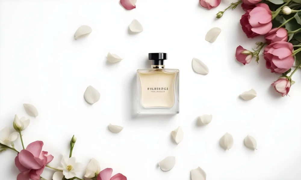 A Perfume Bottle Surrounded By White Flower Petals On A White Background Top Down View Soft Lighting Minimalist Composition Elegant Fresh Clean Beauty Product Floral Arrangement 41 4216