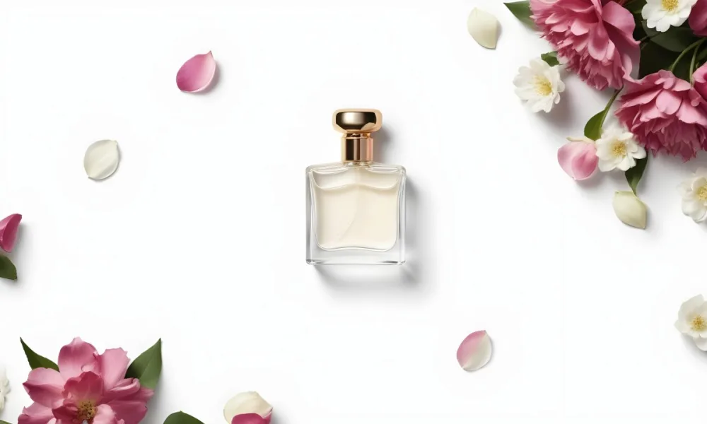 A Perfume Bottle Surrounded By White Flower Petals On A White Background Top Down View Soft Lighting Minimalist Composition Elegant Fresh Clean Beauty Product Floral Arrangement 47 3d58