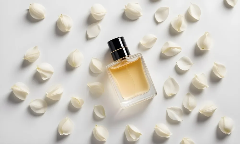 A Perfume Bottle Surrounded By White Flower Petals On A White Background Top Down View Soft Lighting Minimalist Composition Elegant Fresh Clean Beauty Product Floral Arrangement 50 D838