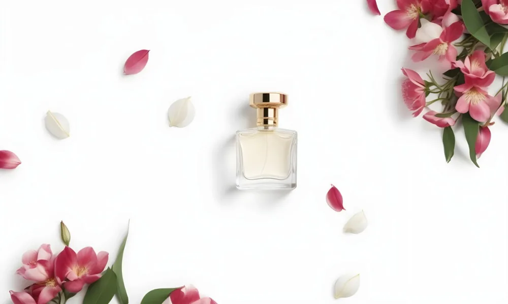 A Perfume Bottle Surrounded By White Flower Petals On A White Background Top Down View Soft Lighting Minimalist Composition Elegant Fresh Clean Beauty Product Floral Arrangement 55 781e