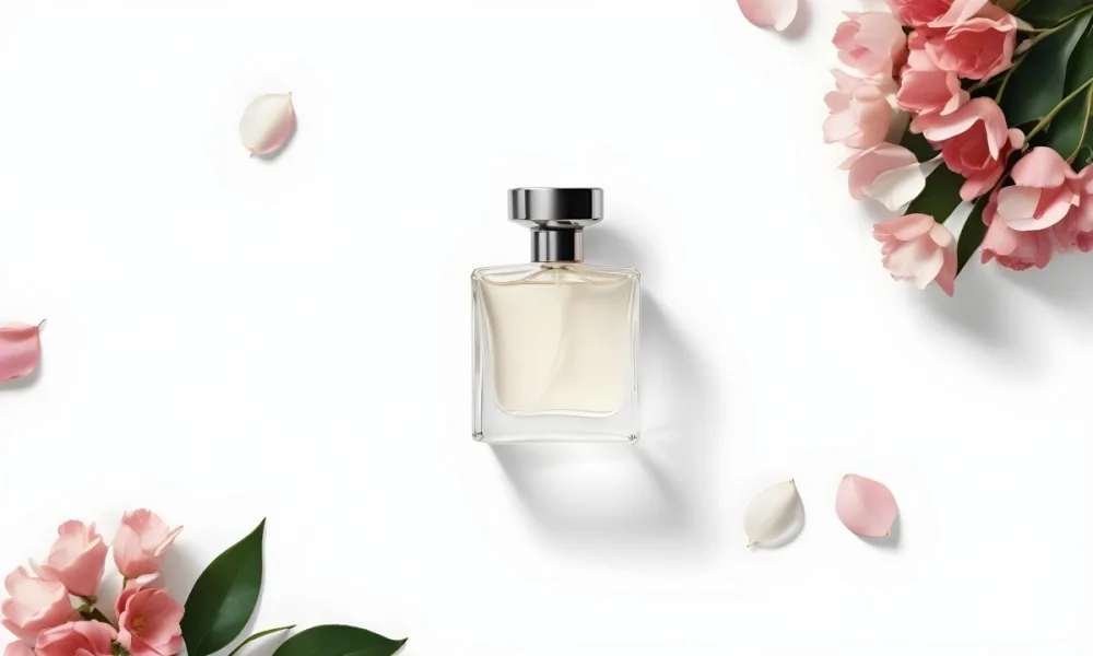 A Perfume Bottle Surrounded By White Flower Petals On A White Background Top Down View Soft Lighting Minimalist Composition Elegant Fresh Clean Beauty Product Floral Arrangement 62 8c6a