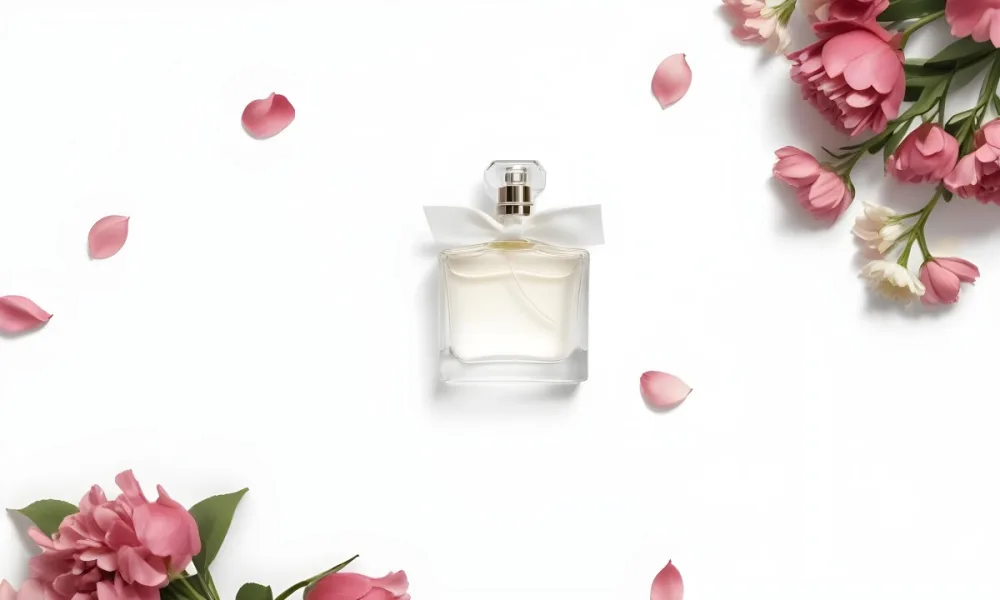 A Perfume Bottle Surrounded By White Flower Petals On A White Background Top Down View Soft Lighting Minimalist Composition Elegant Fresh Clean Beauty Product Floral Arrangement 66 638a