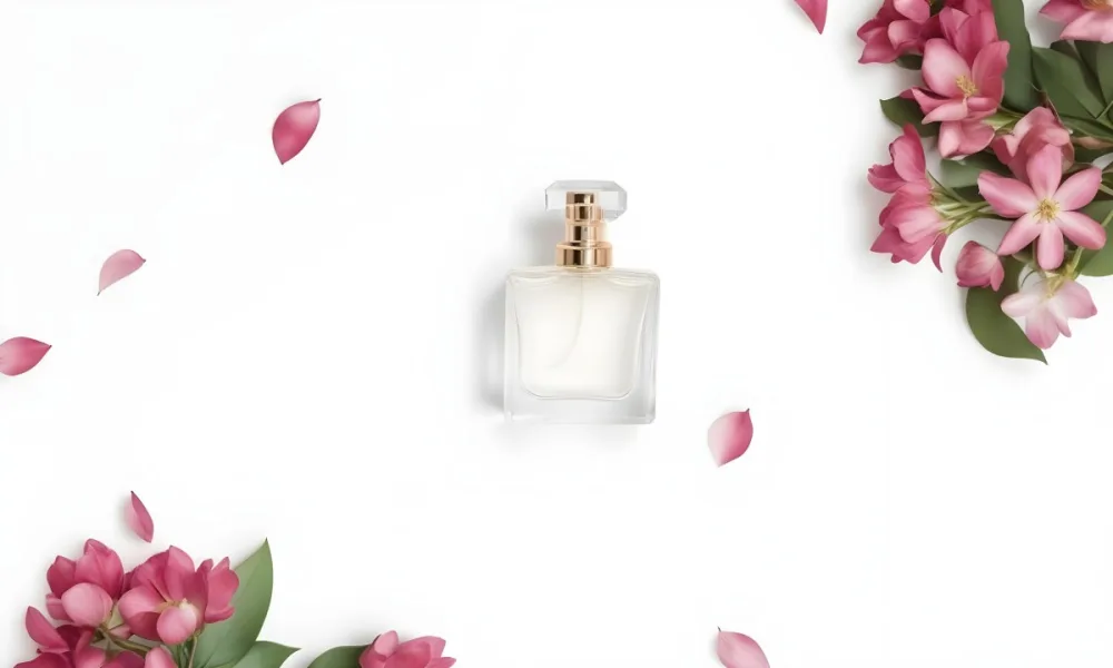 A Perfume Bottle Surrounded By White Flower Petals On A White Background Top Down View Soft Lighting Minimalist Composition Elegant Fresh Clean Beauty Product Floral Arrangement 7 106f