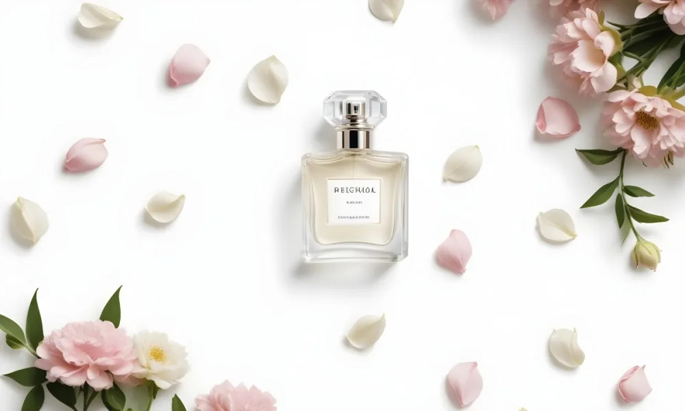 A Perfume Bottle Surrounded By White Flower Petals On A White Background Top Down View Soft Lighting Minimalist Composition Elegant Fresh Clean Beauty Product Floral Arrangement 70 3c98