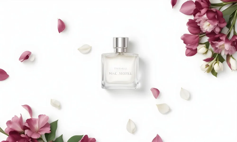 A Perfume Bottle Surrounded By White Flower Petals On A White Background Top Down View Soft Lighting Minimalist Composition Elegant Fresh Clean Beauty Product Floral Arrangement 71 4555